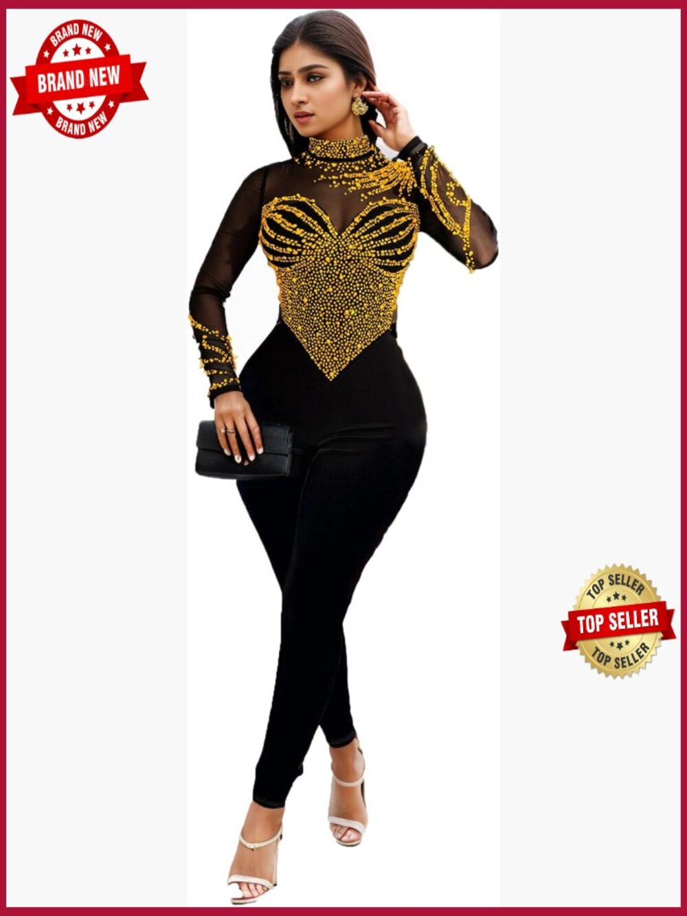 Sequin Rhinestone Jumpsuit Long Sleeve Bodycon Party Romper Sexy Mesh Night Out